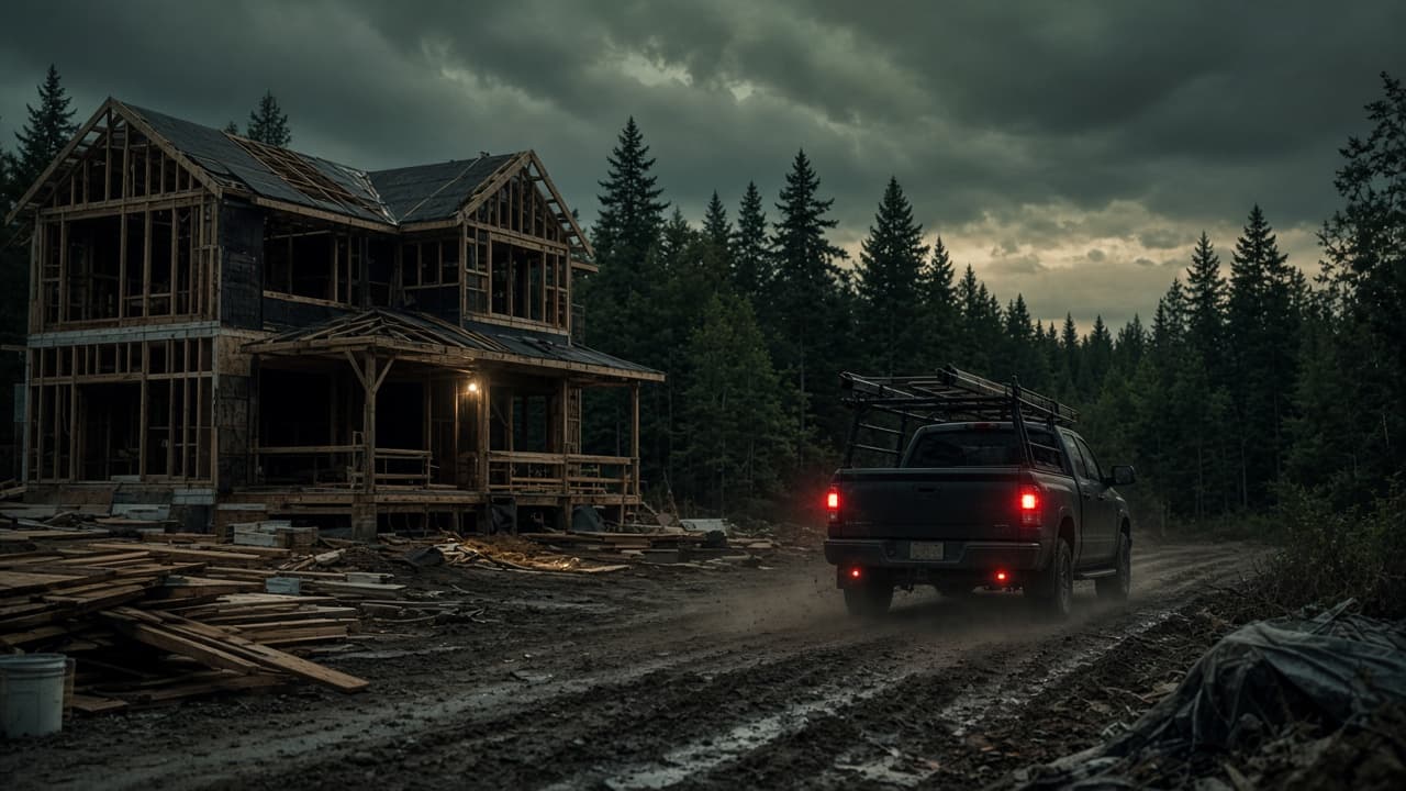 Contractor truck leaving an unfinished house at dusk