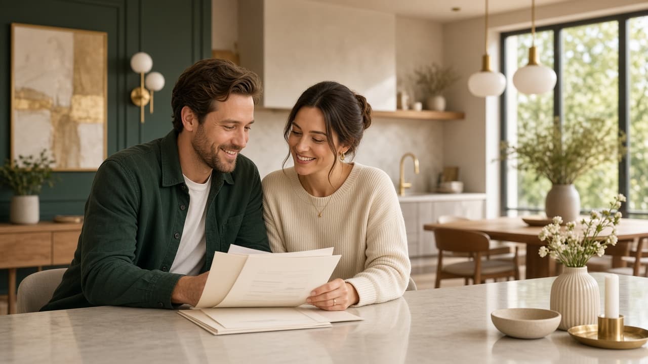 Smiling couple holding their recovery packet in a bright kitchen