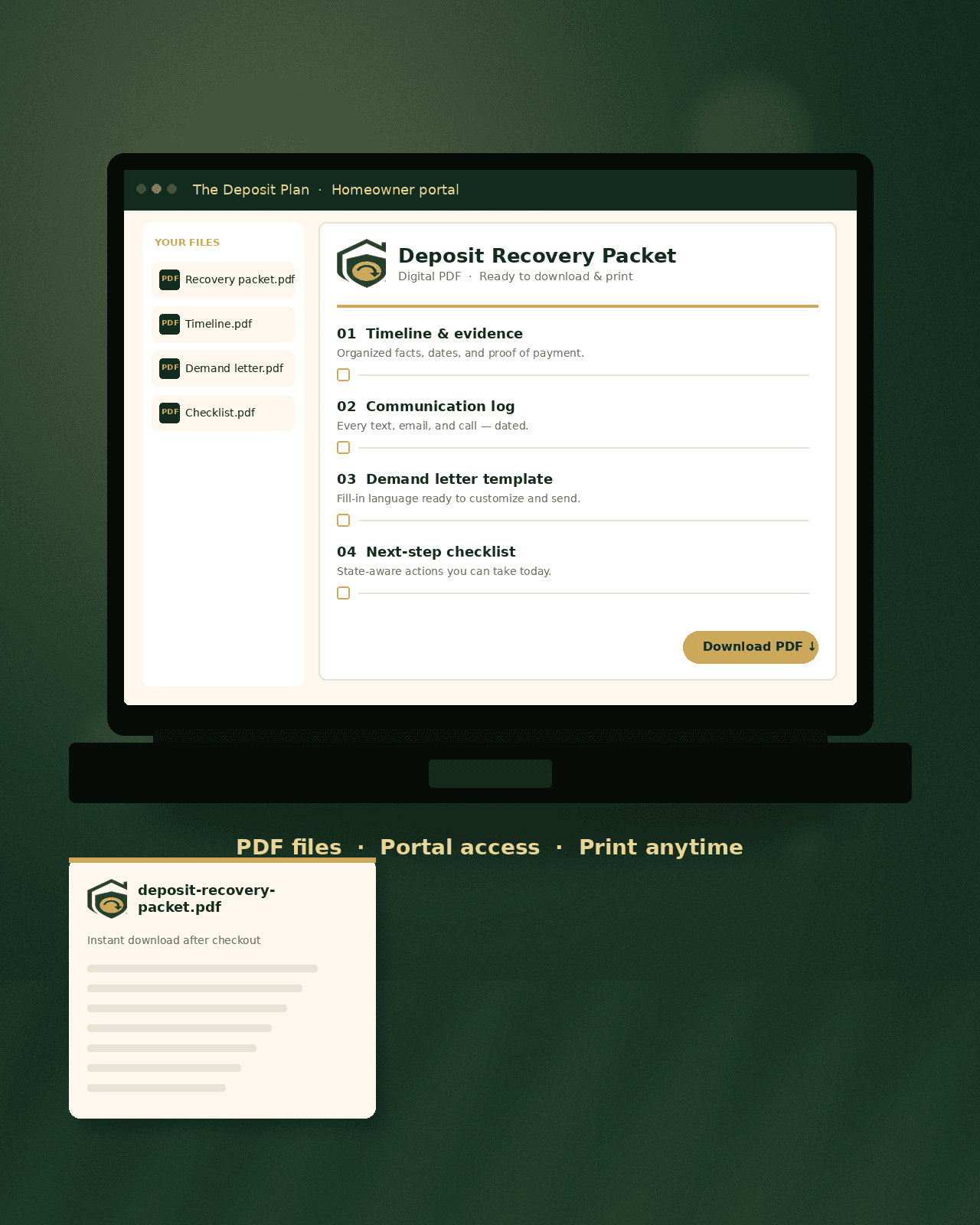 Deposit Plan digital recovery packet on laptop — PDF files ready to download